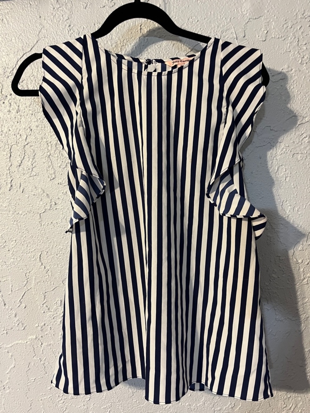 Juicy Couture Navy and White Vertical Stripe Ruffle Top